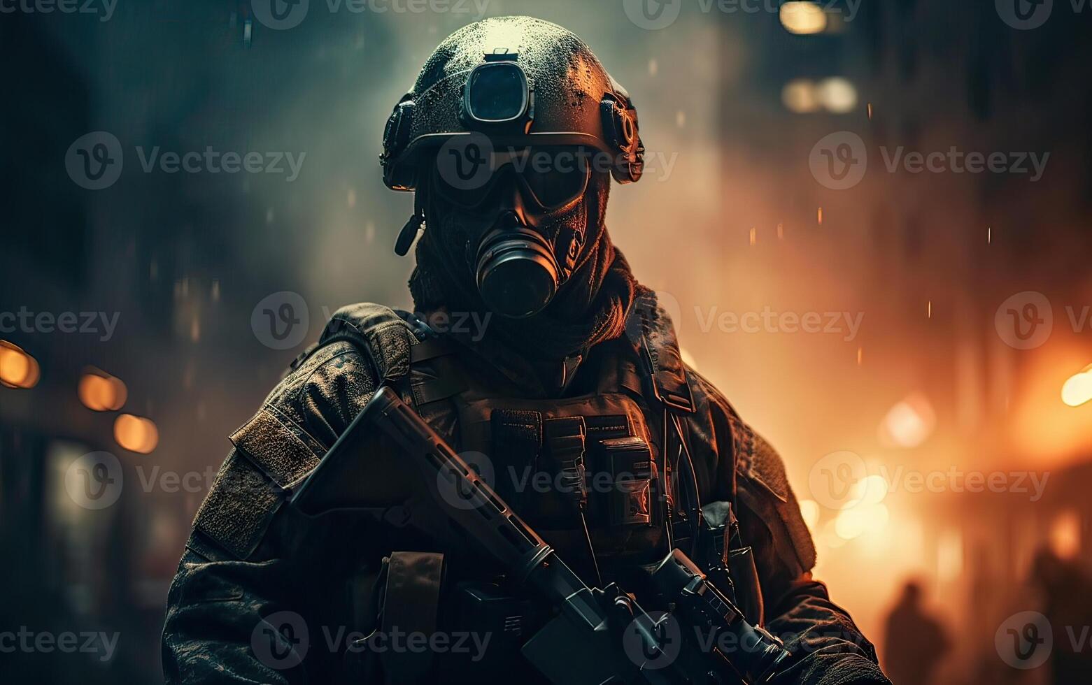 Professional soldier dressed in protective uniform against fire. soldier in uniform of special forces in a dangerous military action in a dangerous enemy area. Non-existent person. . photo