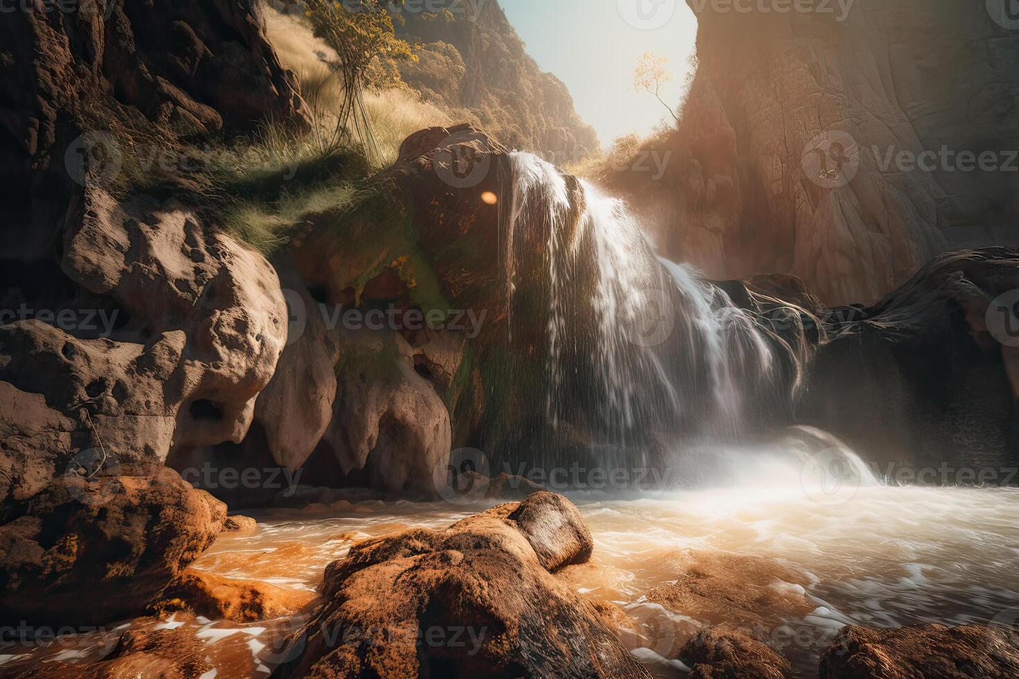 Great view on waterfall with colorful sky during sunset. Wonderful Nature landscape. Travel is a Lifestyle, concept. Iceland popular place of travel and touristic location. . photo