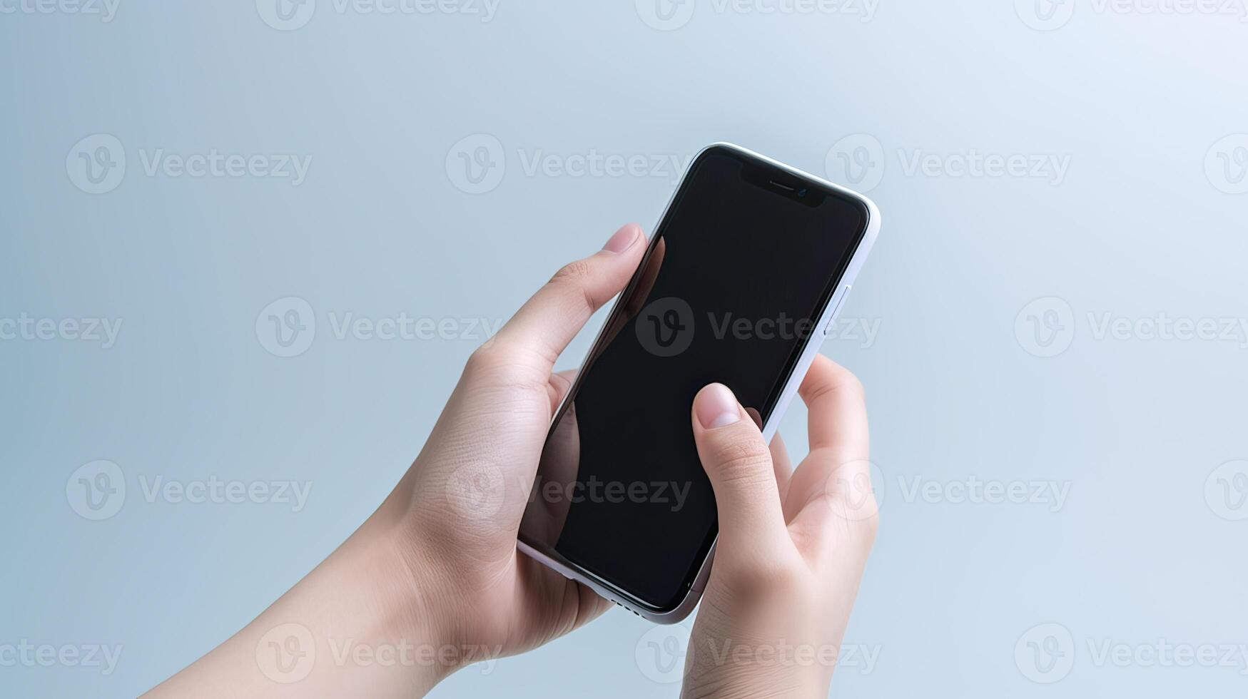 holding cellphone with empty, mockup for mobile app, website or online ad design. Smartphone advertisement template. . photo
