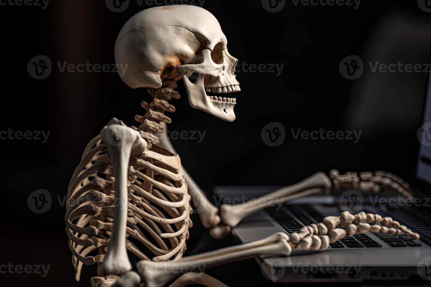 Skeleton businessman working in the office. dead skeleton working at office. . photo
