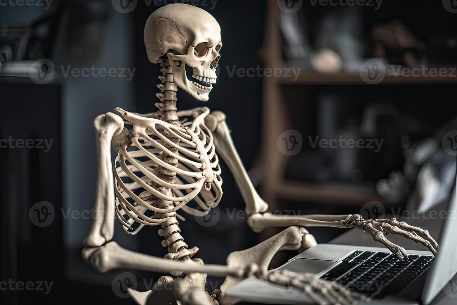 Skeleton businessman working in the office. dead skeleton working at office. . photo