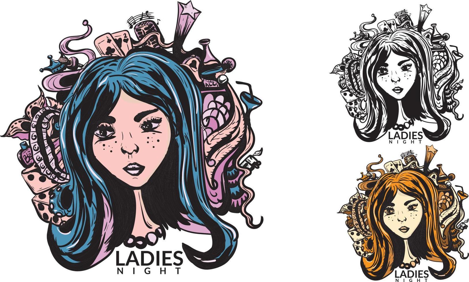 girl face with night club doodles. Ladies night symbol vector