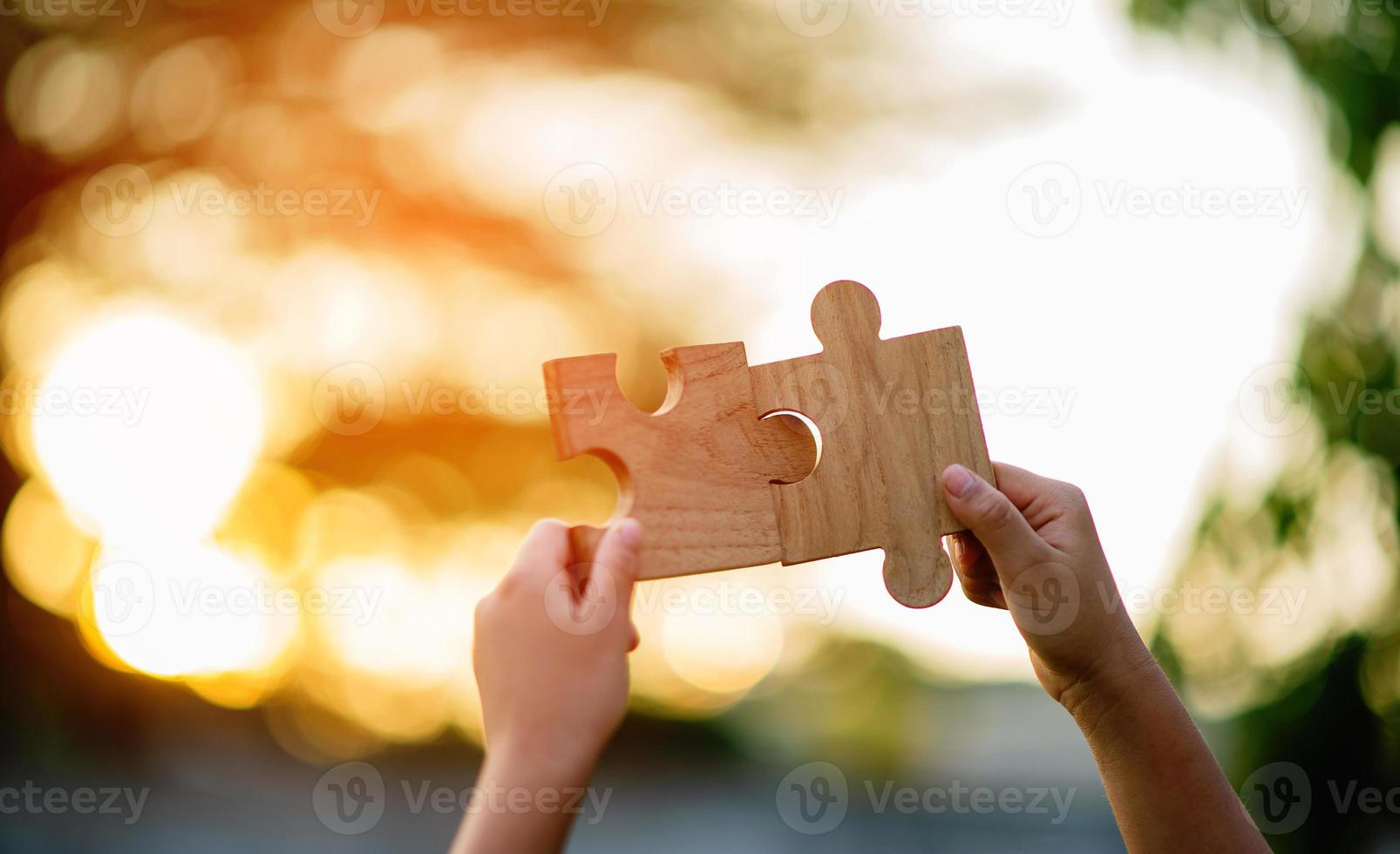 Team work, hands and jig Saw Unite with power Is a good team of successful people Team work concept photo