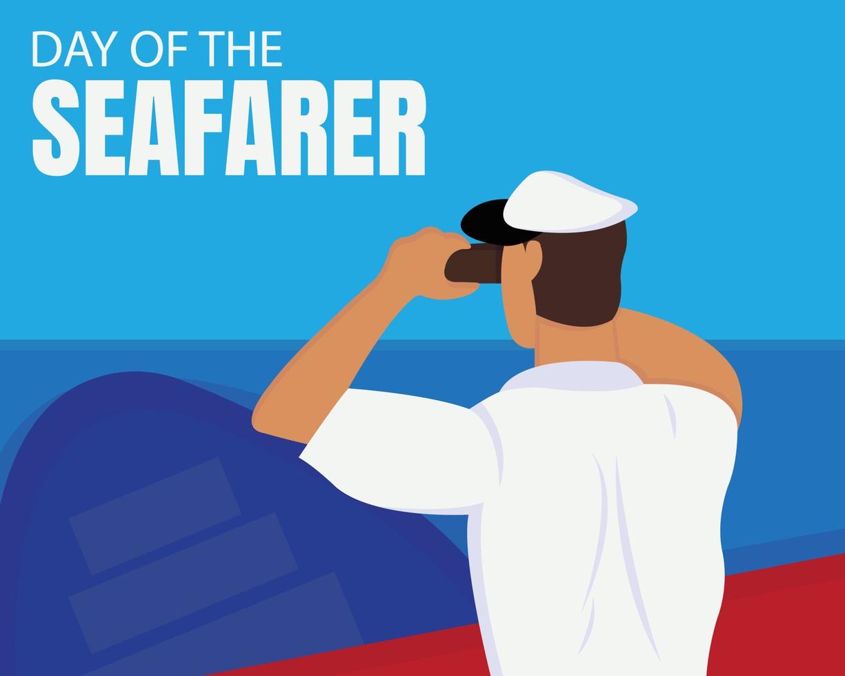 illustration vector graphic of a sailor looks through binoculars over the ship, perfect for international day, day of the seafarer, celebrate, greeting card, etc.