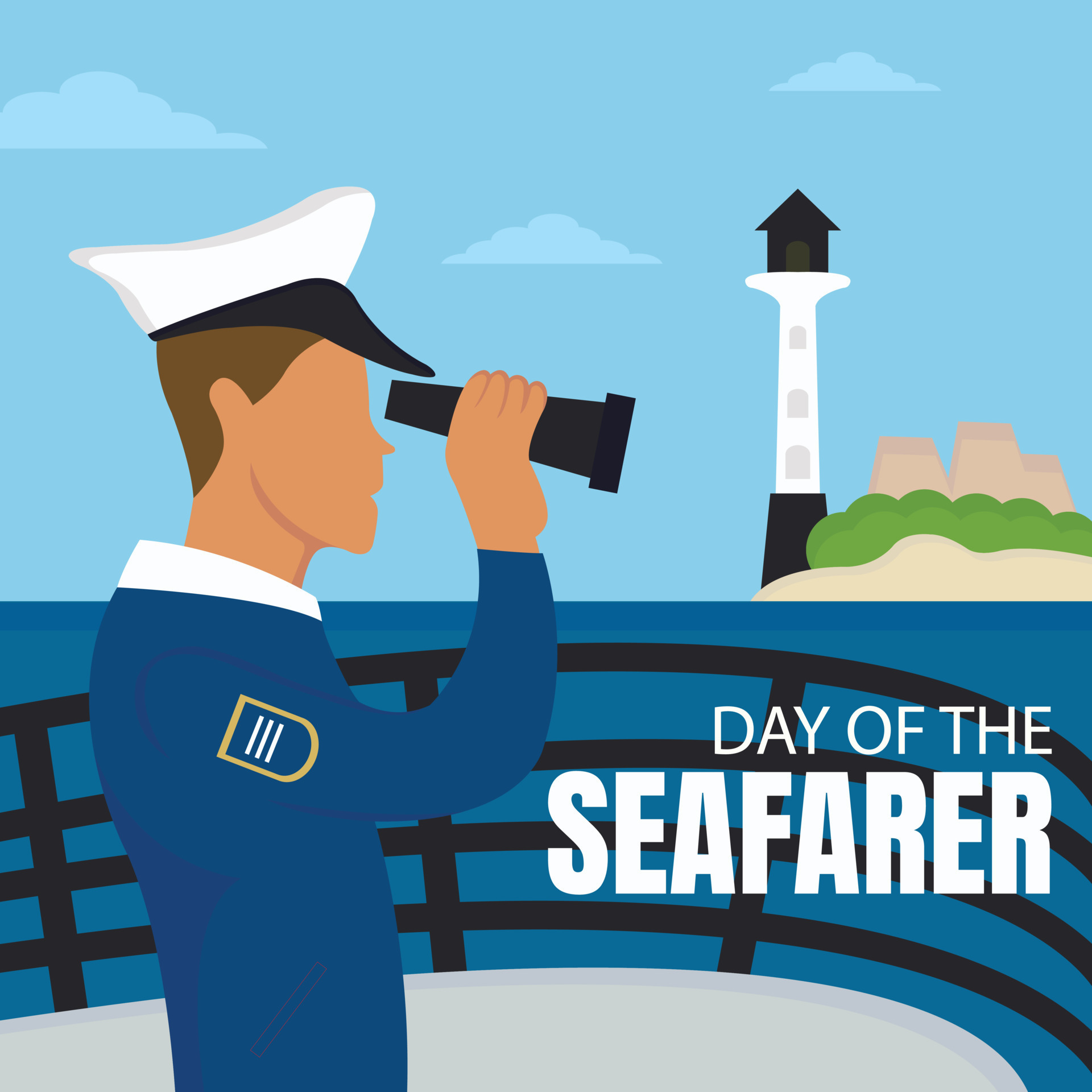illustration vector graphic of a ship captain looking at the lighthouse