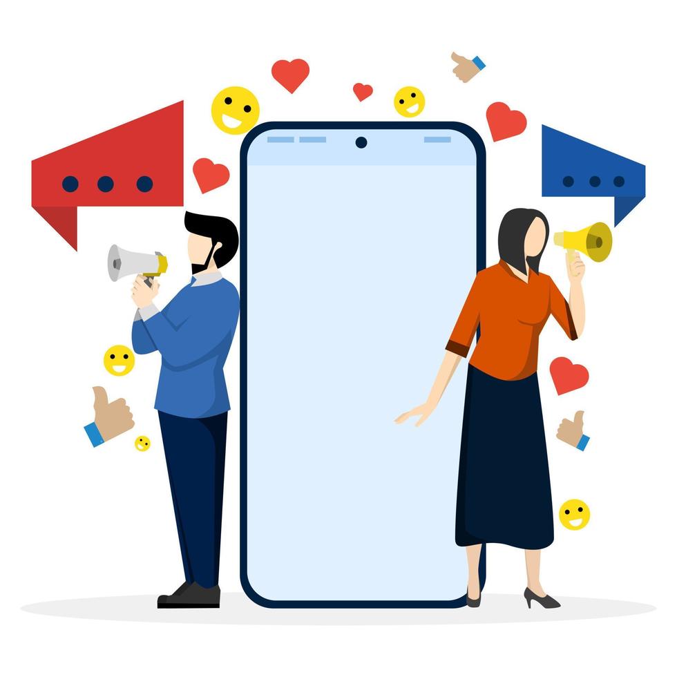 Social Media Promotion and Digital Marketing Concept. People Standing and Using Loudspeakers to Communicate with Audience. Strategy and Content Management. Advertising Marketing Announcements. vector
