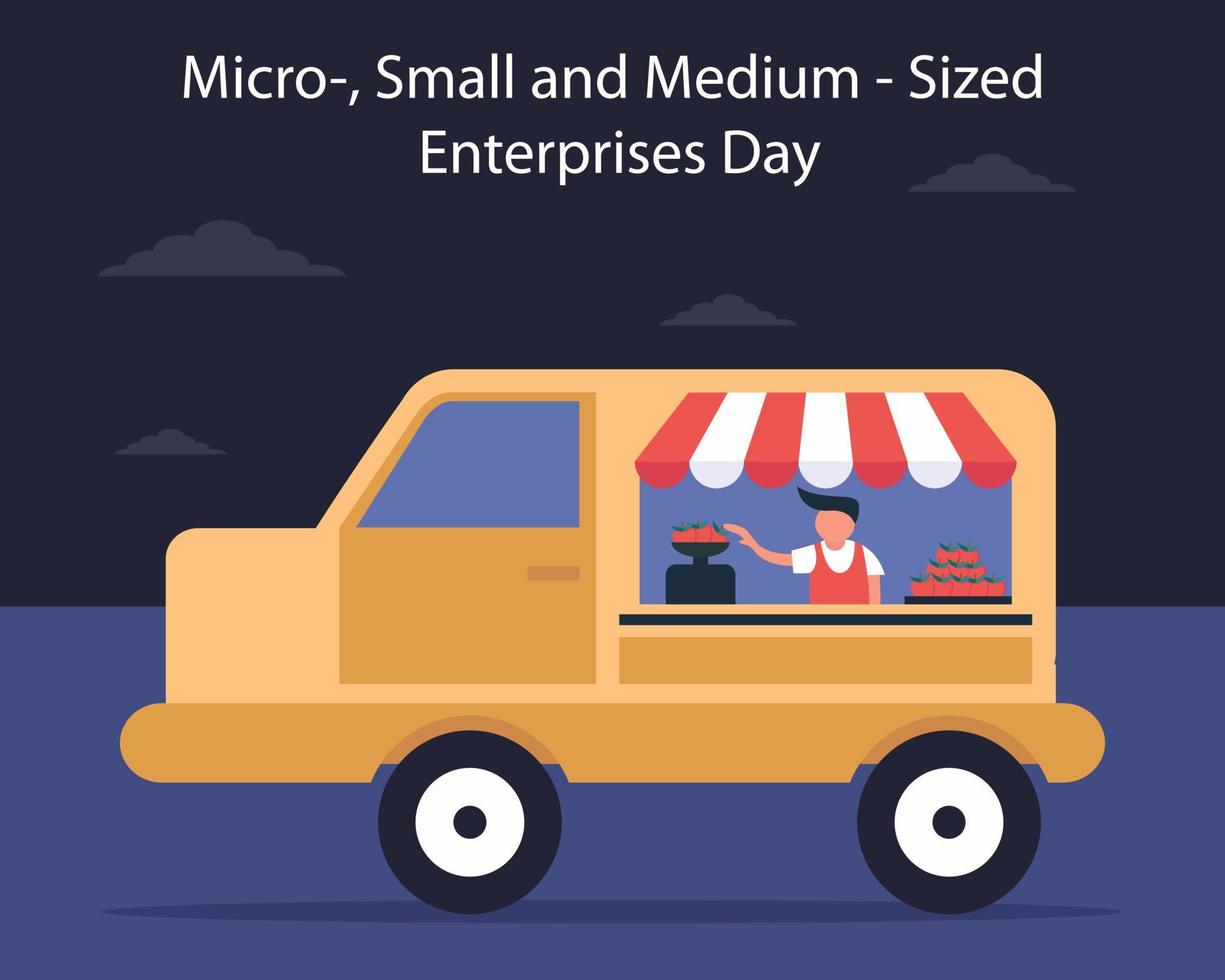 illustration vector graphic of a fruit seller selling apples in the car, perfect for international day, micro, small and medium, sized, enterprises day, celebrate, greeting card, etc.