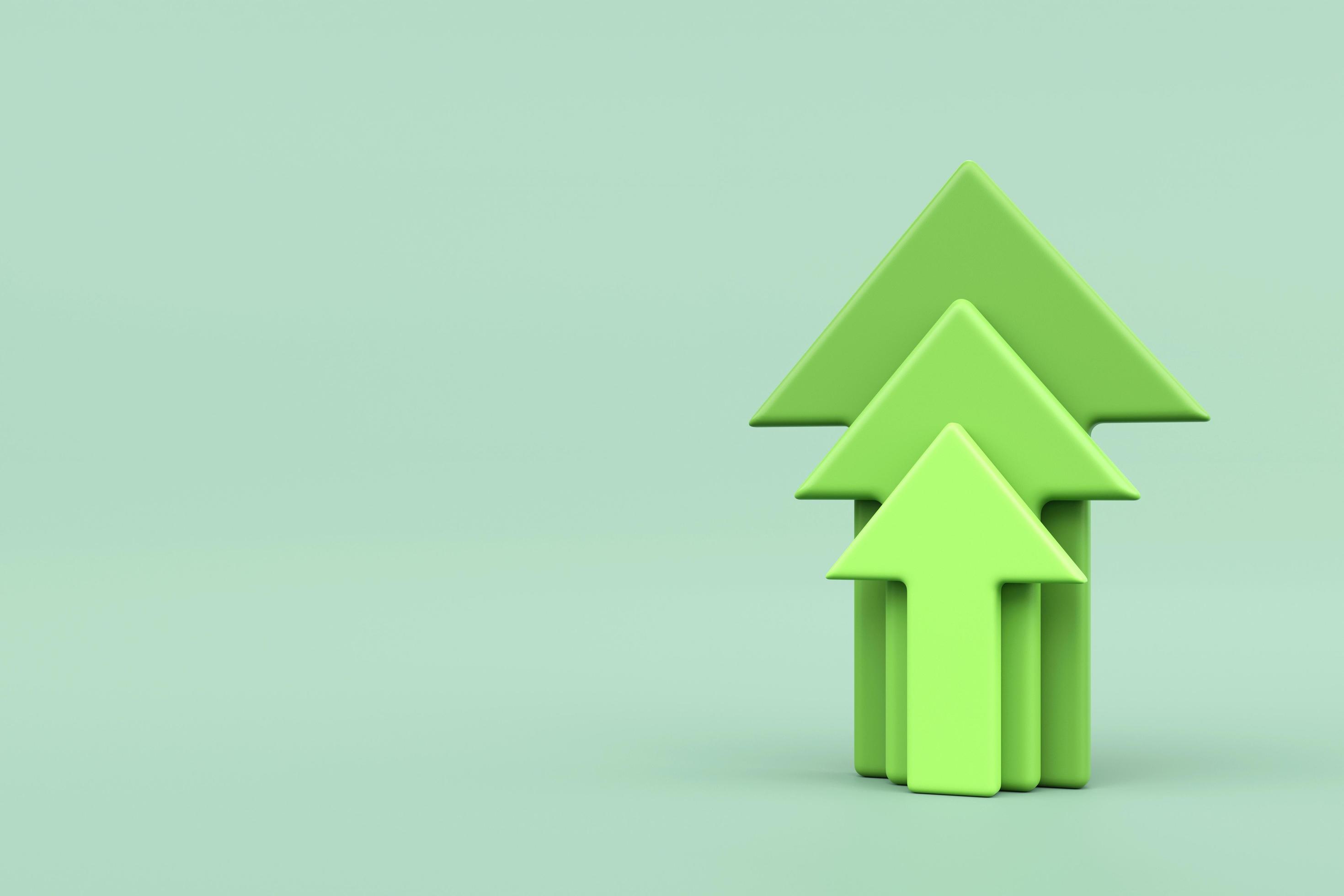 Green stair step to growth success, Green growth arrows pointing up