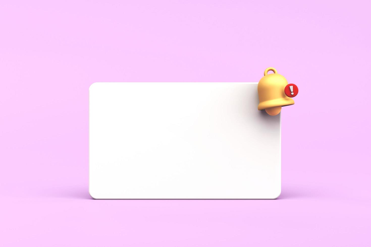 3d white reminder pop up bell push notification symbol. Empty application message on pink background. Blank note icon copy space for text. 3d rendering photo