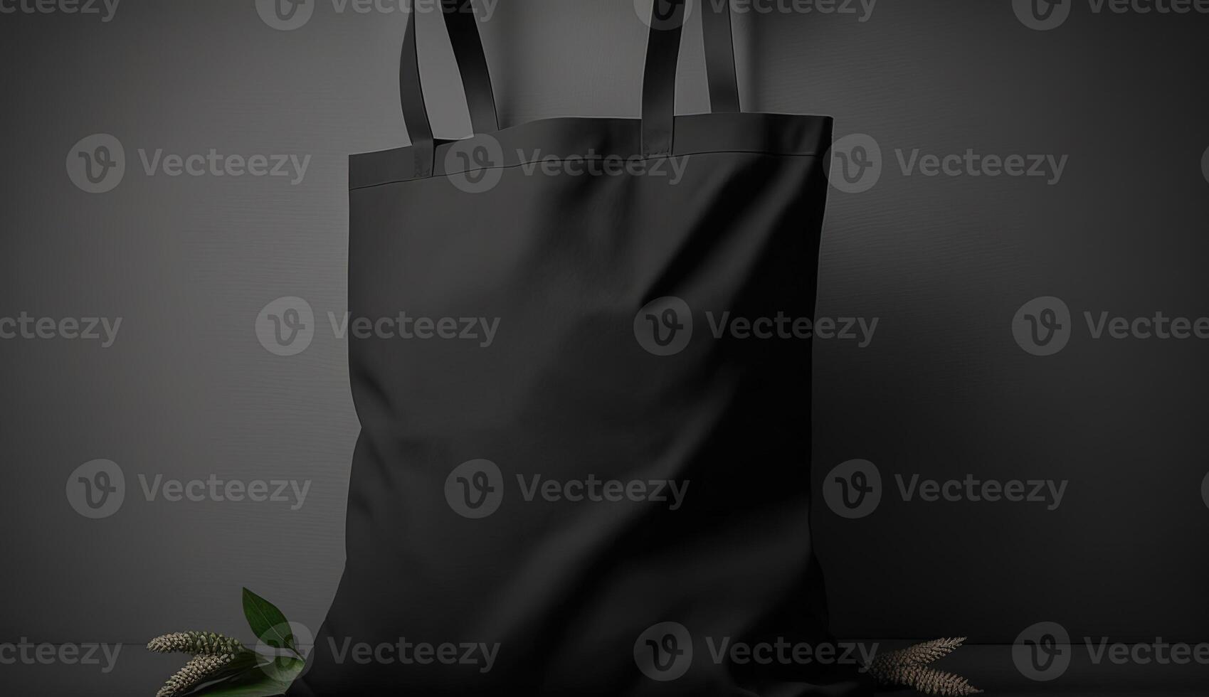 , Realistic black tote canvas fabric bag set-up in at home interior, mug mock up blank. photo