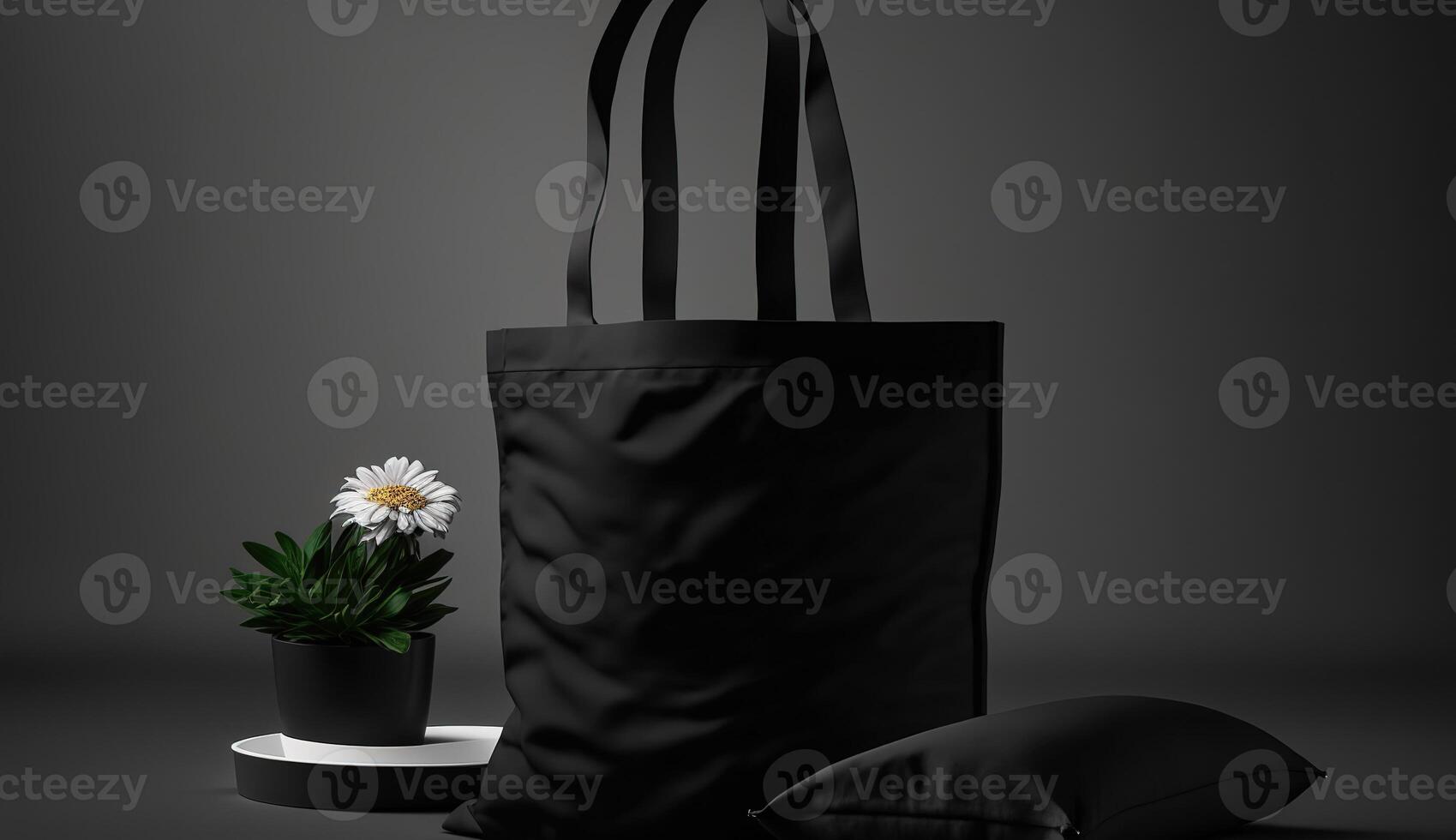 , Realistic black tote canvas fabric bag set-up in at home interior, mug mock up blank. photo