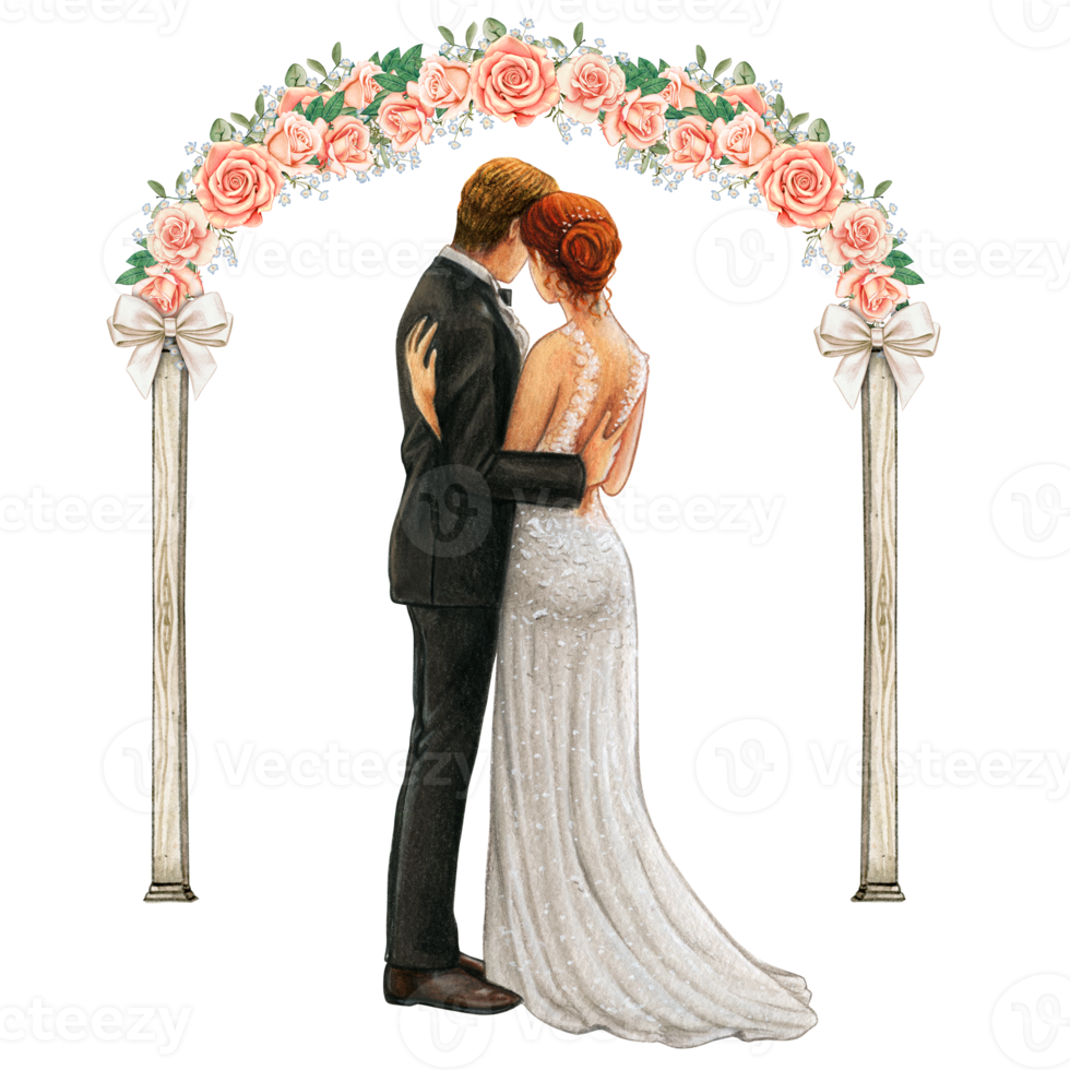 Wedding couple embracing under wedding arch png