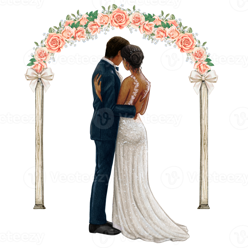 Wedding couple embracing under wedding arch png