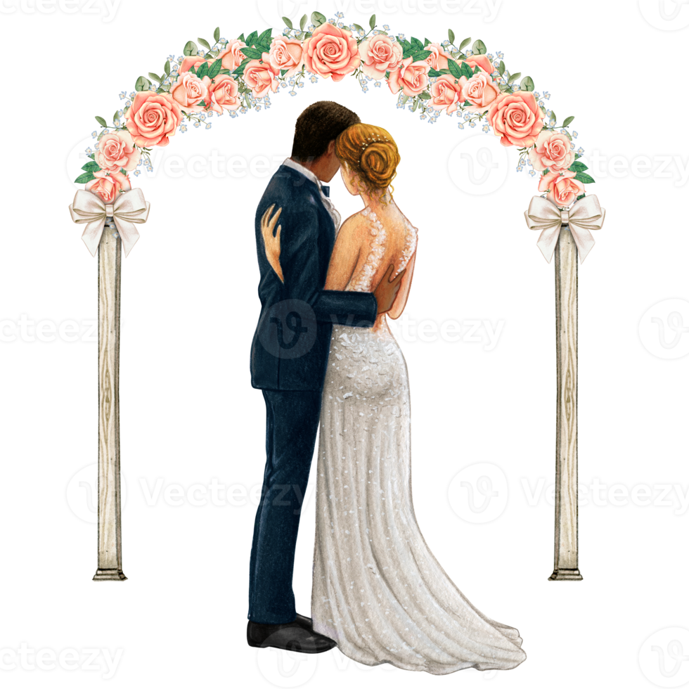 Wedding couple embracing under wedding arch png