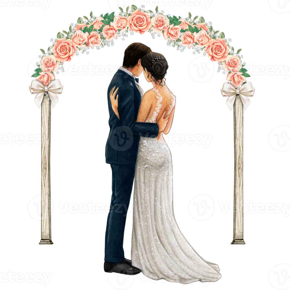 Wedding couple embracing under wedding arch png