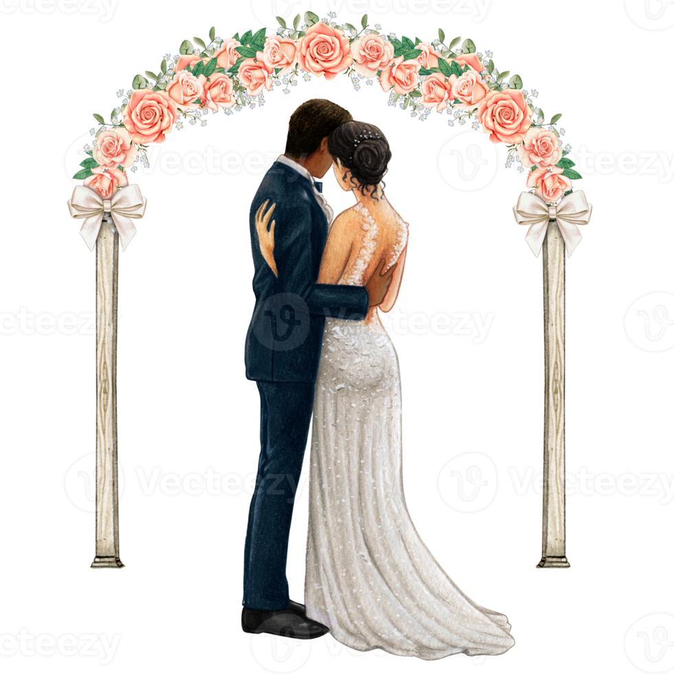 Wedding couple embracing under wedding arch png