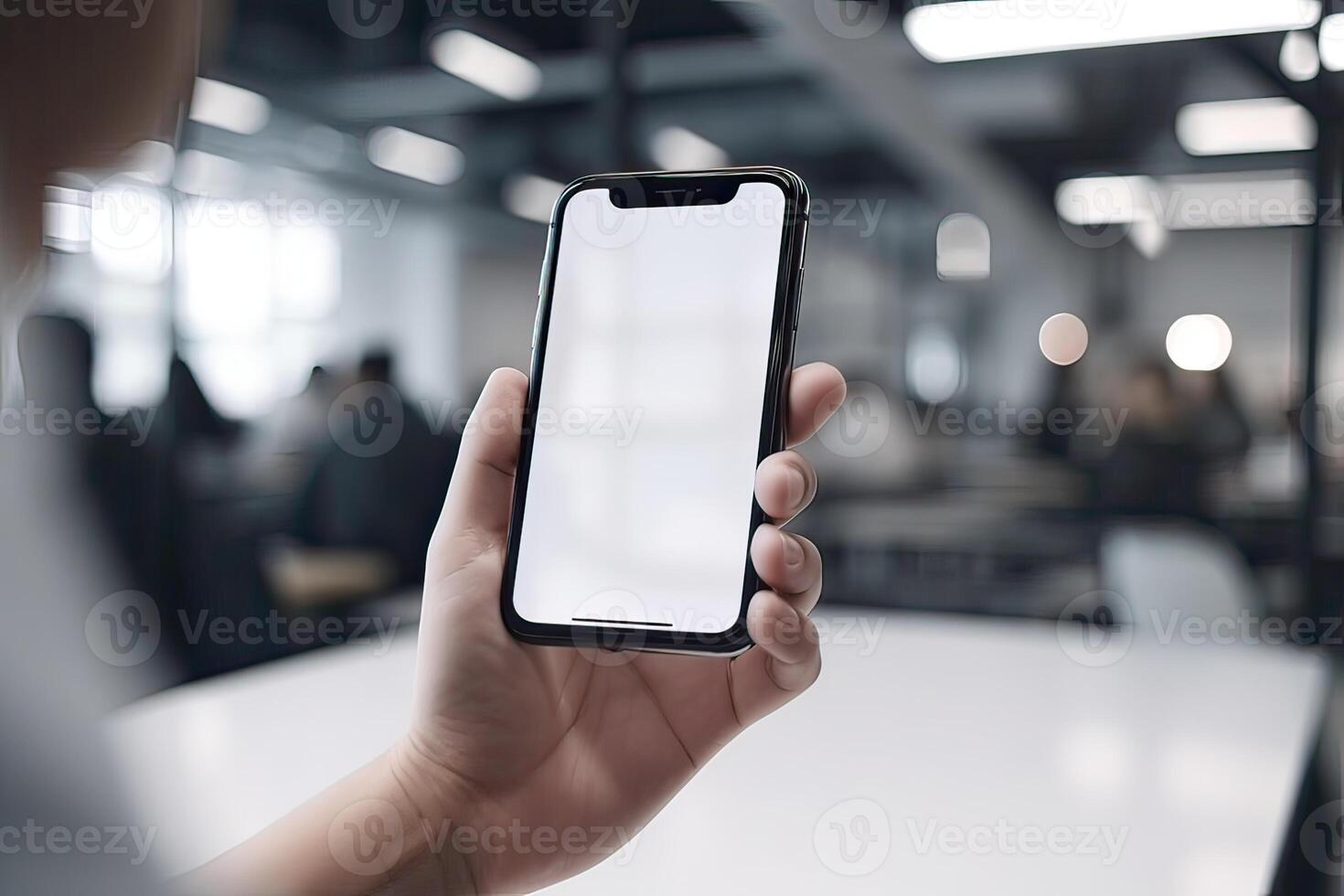 Close up view of hands holding mock up smart phone with modern office blurred background. photo