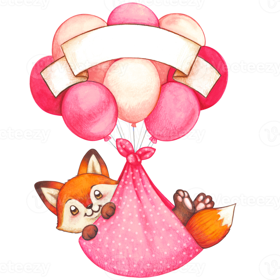 Watercolor cute newborn baby fox delivery with ballooons png