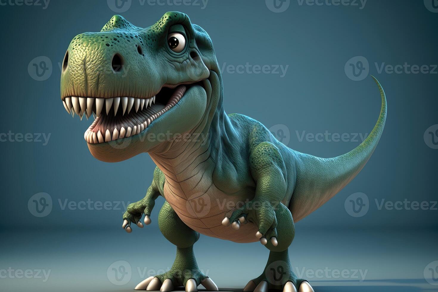 ai generado 3d linda tiranosaurio rex dibujos animados. un grupo de primitivo reptil dinosaurios desde el cretáceo período. foto