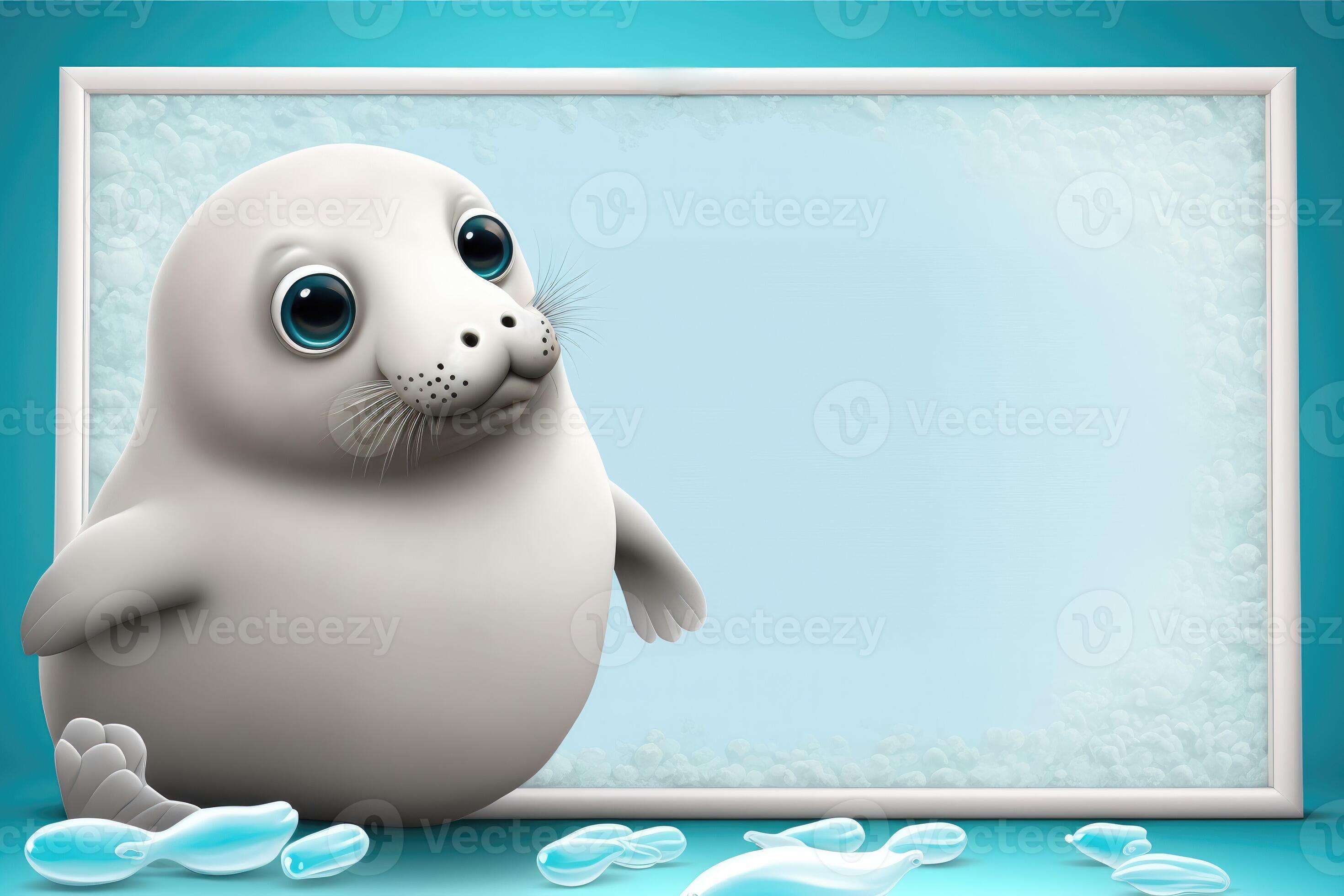 AI Generated 3D cute seal cartoon and blank whiteboard. 22147367 Stock