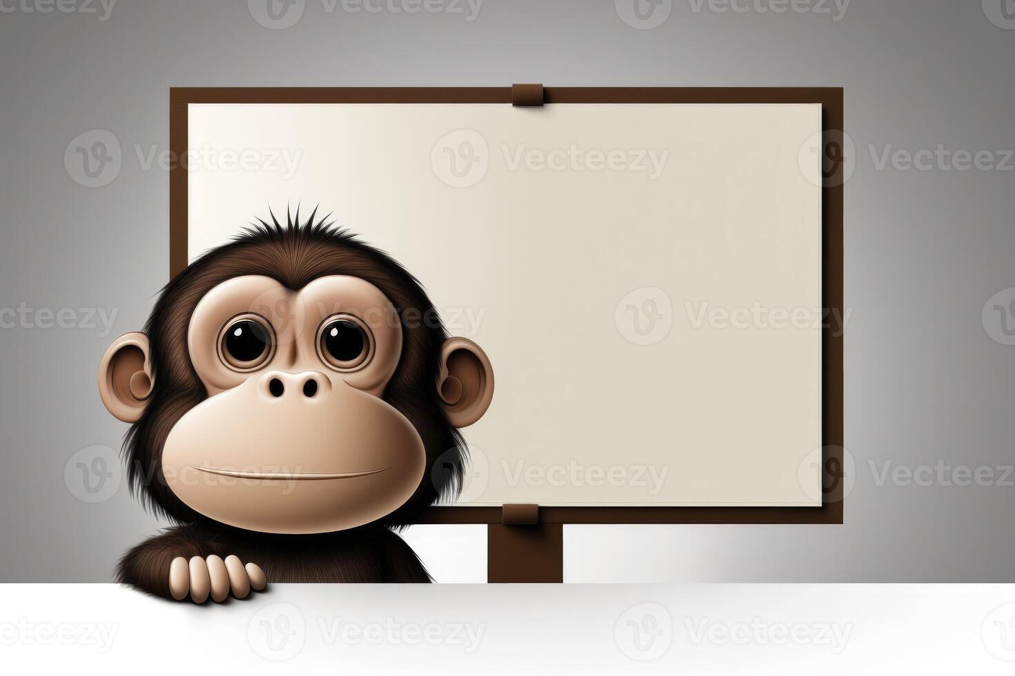 3D cute chimpanzee cartoon and blank whiteboard. photo