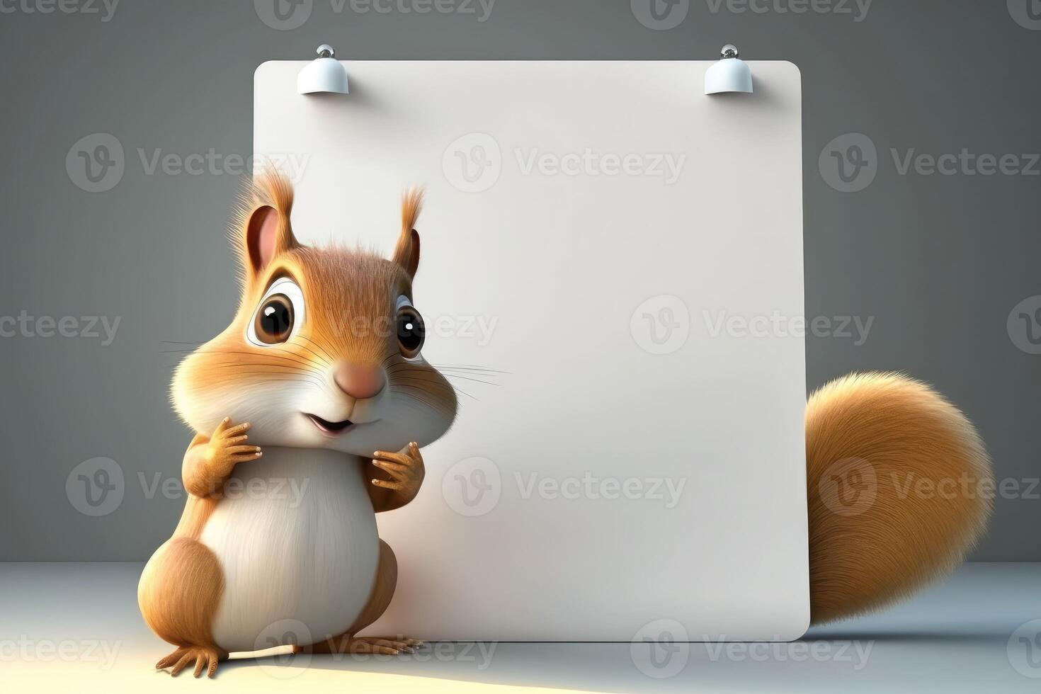 3D cute squirrel cartoon standing beside blank whiteboard. 3D animal background. Suitable for banners, signs, logos, sales, discount, product promotions, etc. photo