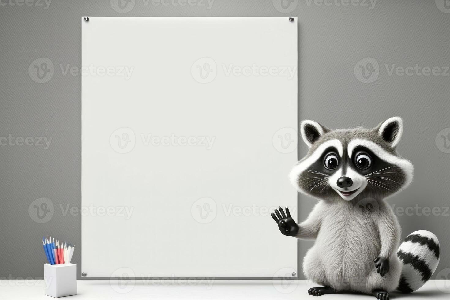 3D cute raccoon cartoon standing beside blank whiteboard. photo