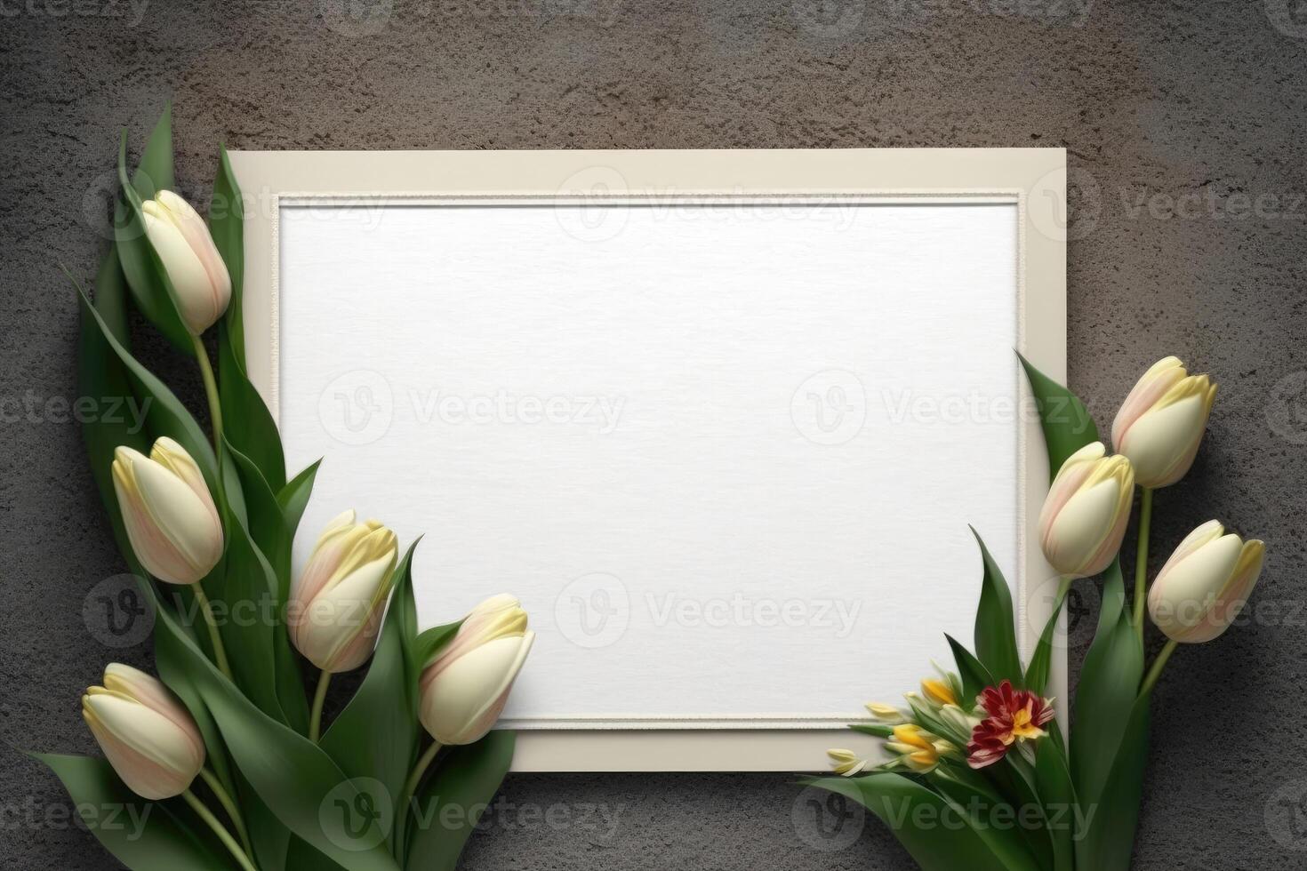 Small tulips greeting card in little border of blank backboard. photo
