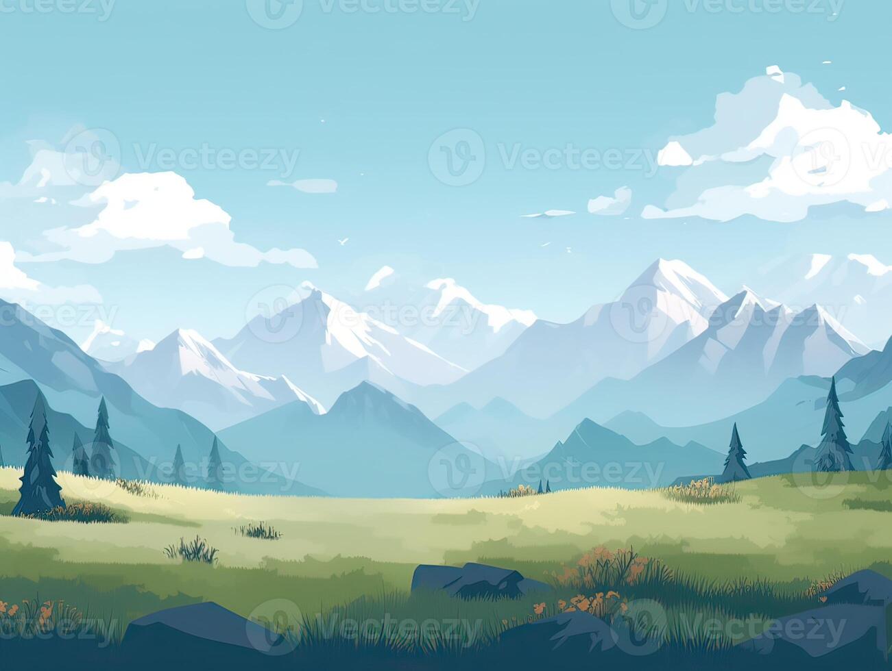 illustration of Flat summer cartoon landscape. Fields with trees and mountains in the background. . photo