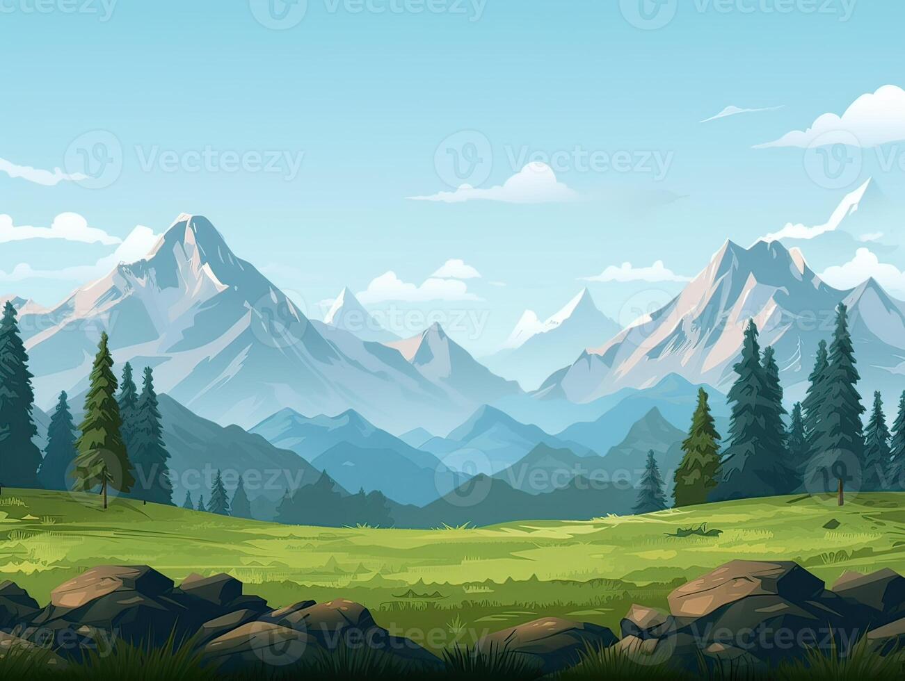 illustration of Flat summer cartoon landscape. Fields with trees and mountains in the background. . photo