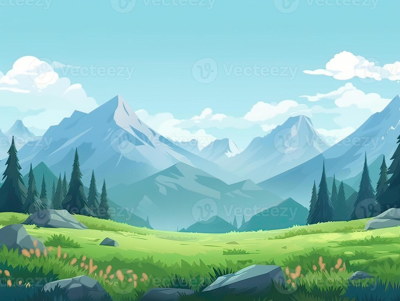 illustration of Flat summer cartoon landscape. Fields with trees and mountains in the background. . photo