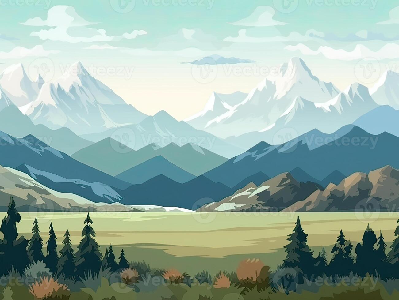 illustration of Flat summer cartoon landscape. Fields with trees and mountains in the background. . photo