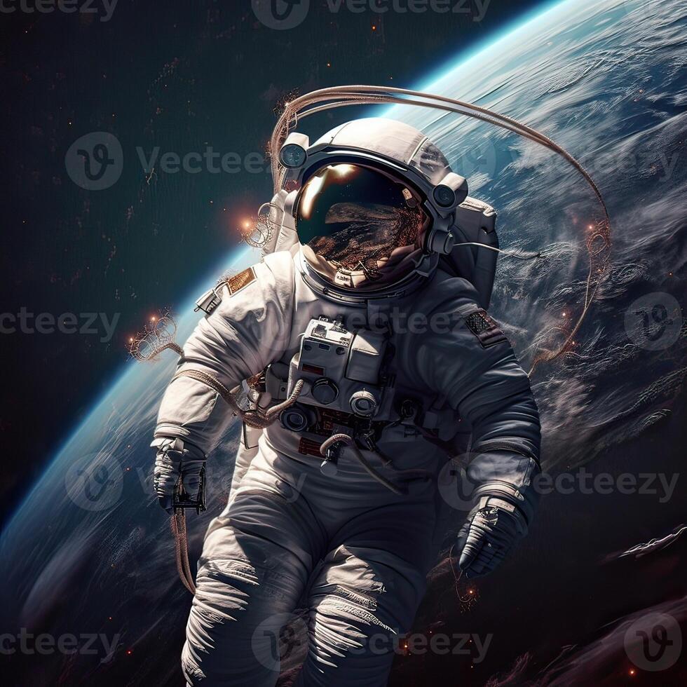 Astronaut in dark deep space. Shadow of night and lights on planet. Earth and spaceman. Sun light on background. Non-existent person. . photo