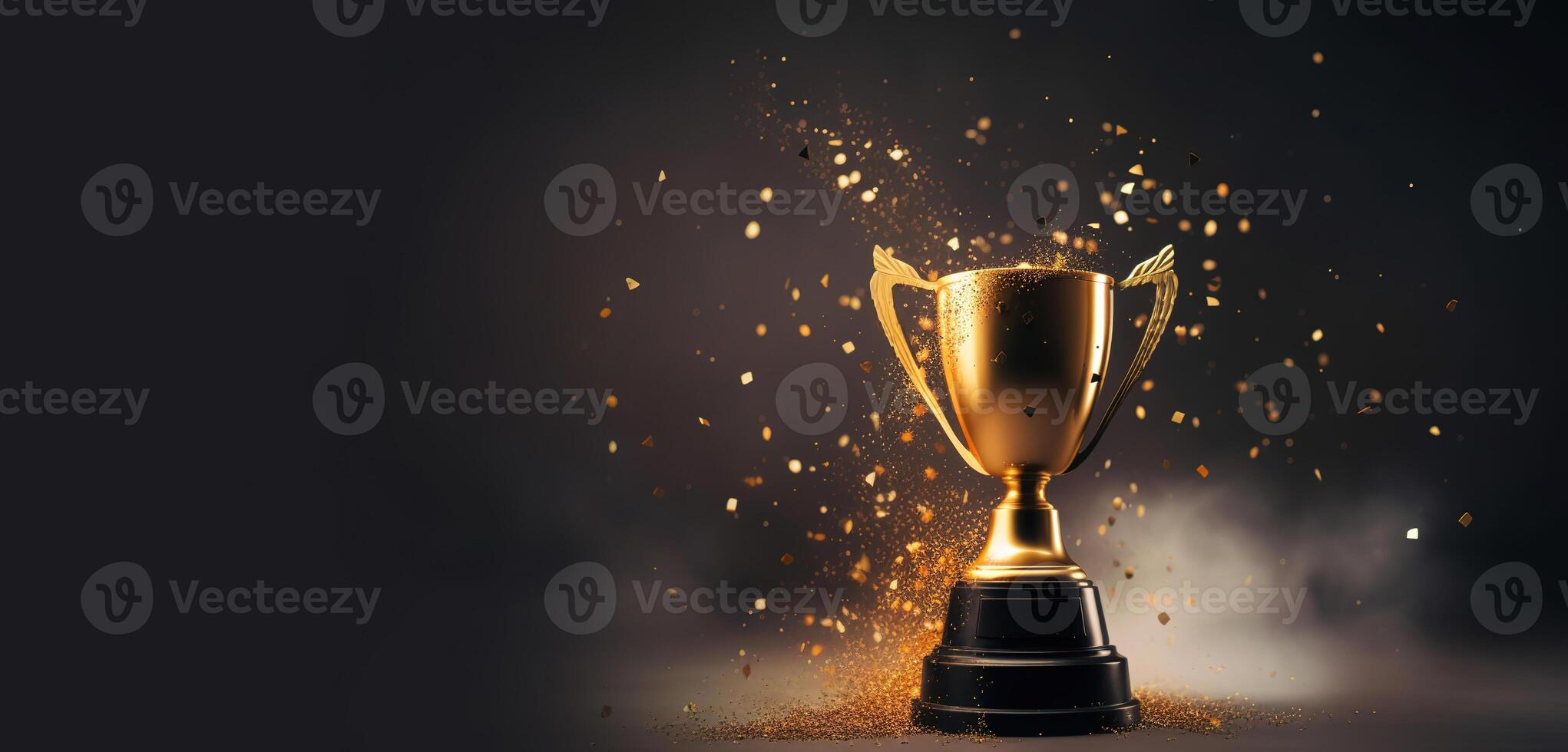 , Winner trophy with flames, golden champion cup with falling confetti on dark background photo