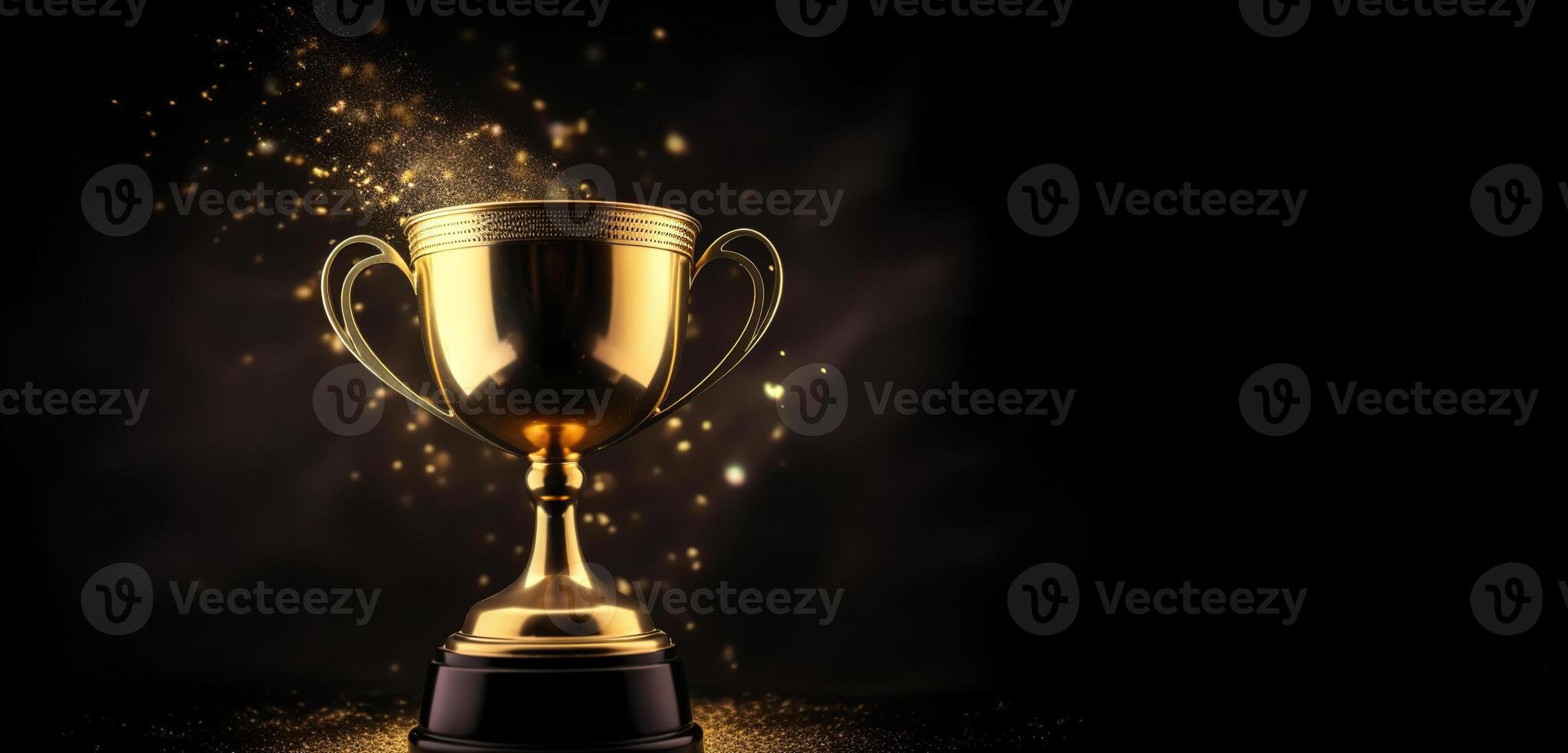 , Winner trophy with flames, golden champion cup with falling confetti on dark background photo