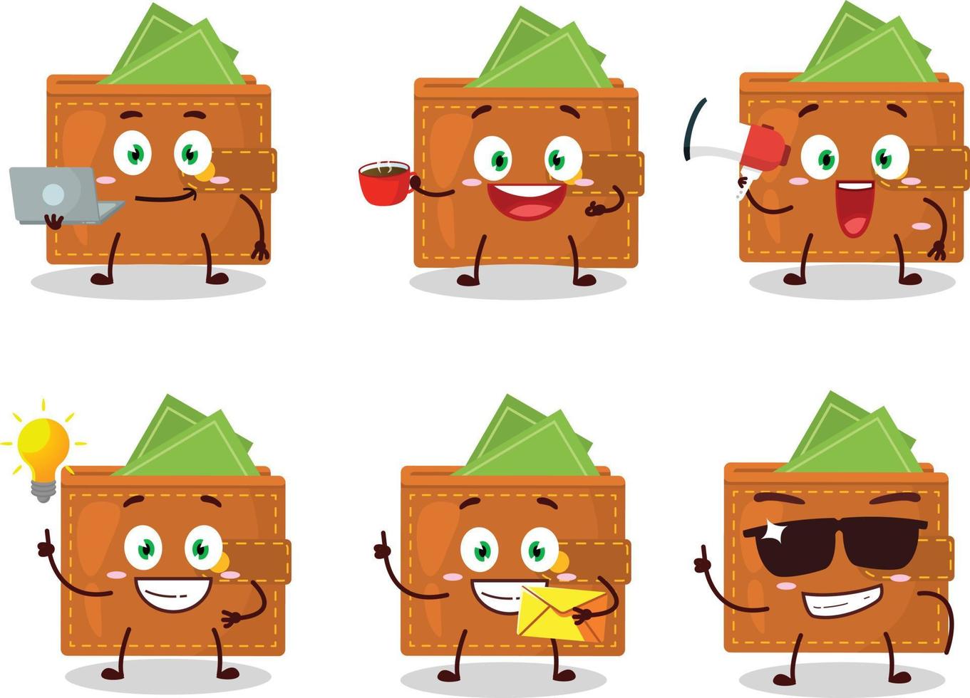 Wallet cartoon character with various types of business emoticons vector