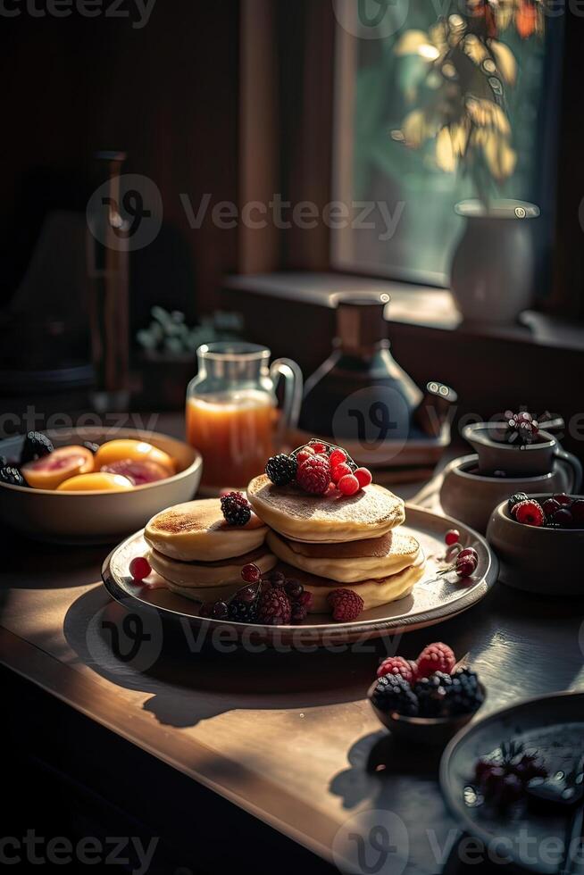 Delicious pancakes, with fresh blueberries, strawberries and maple syrup on a light background. With copy space. Sweet maple syrup flows from a stack of pancake. . photo