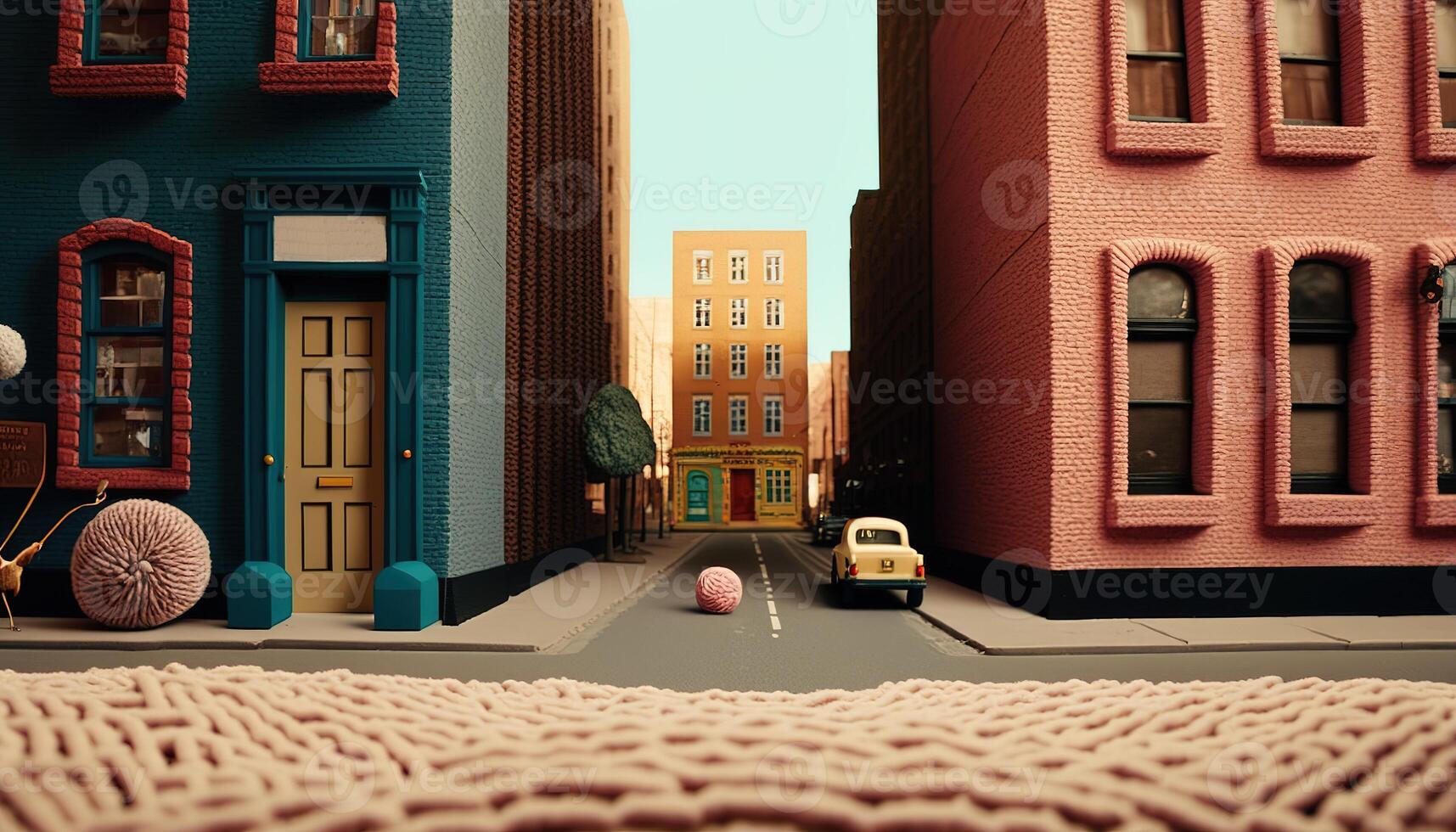 , cute street made of crochet, houses, trees, road, cars. Soft colors, dreamy scene cityscape made of crochet materials, wool, fabric, yarn, sewing for background photo