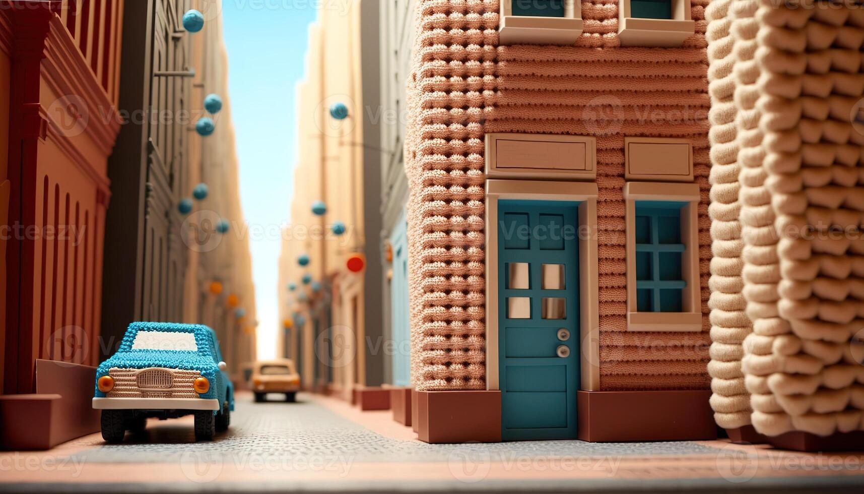 , cute street made of crochet, houses, trees, road, cars. Soft colors, dreamy scene cityscape made of crochet materials, wool, fabric, yarn, sewing for background photo