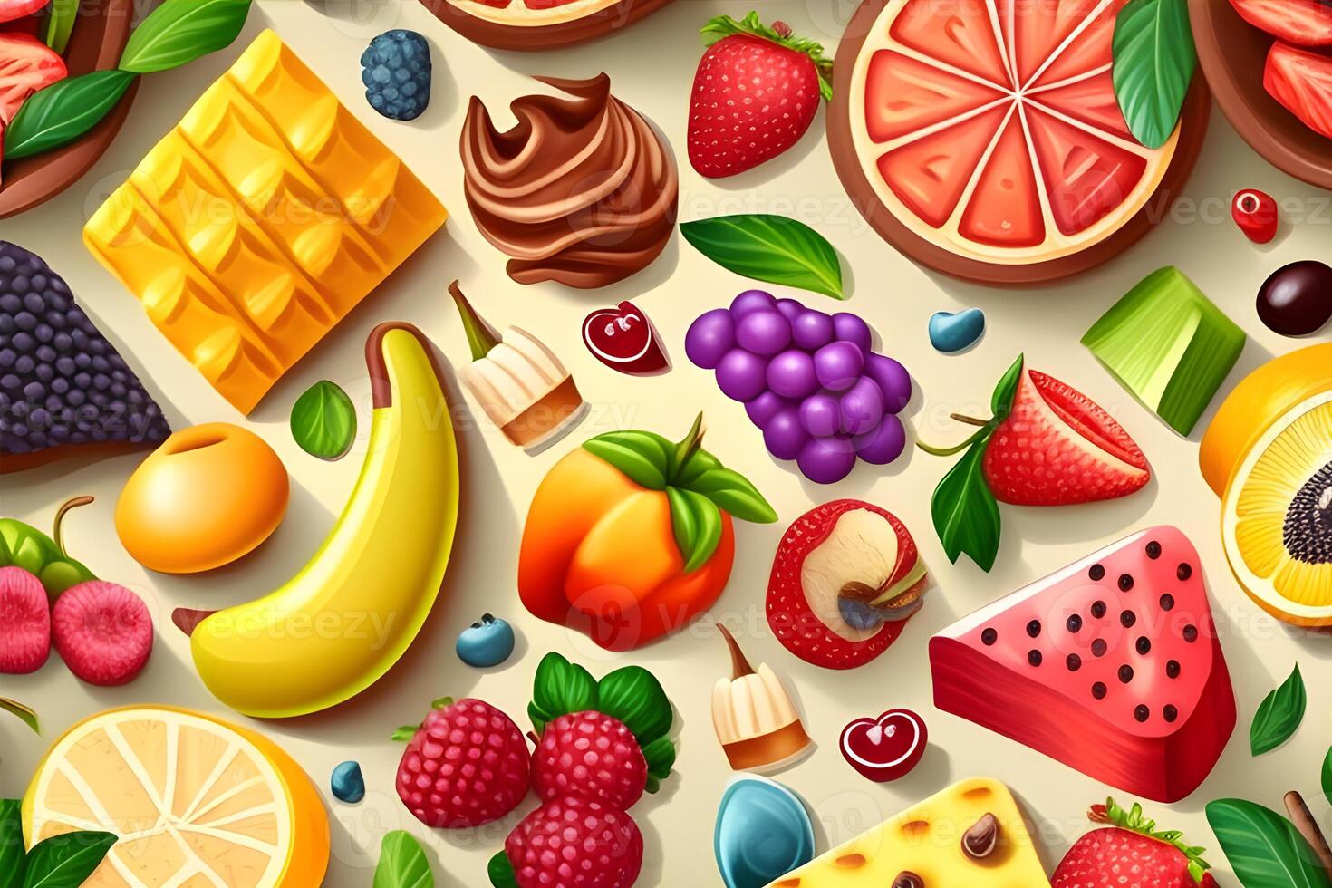 seamless pattern background of colorful fruits and leaves. Illustration design by . photo