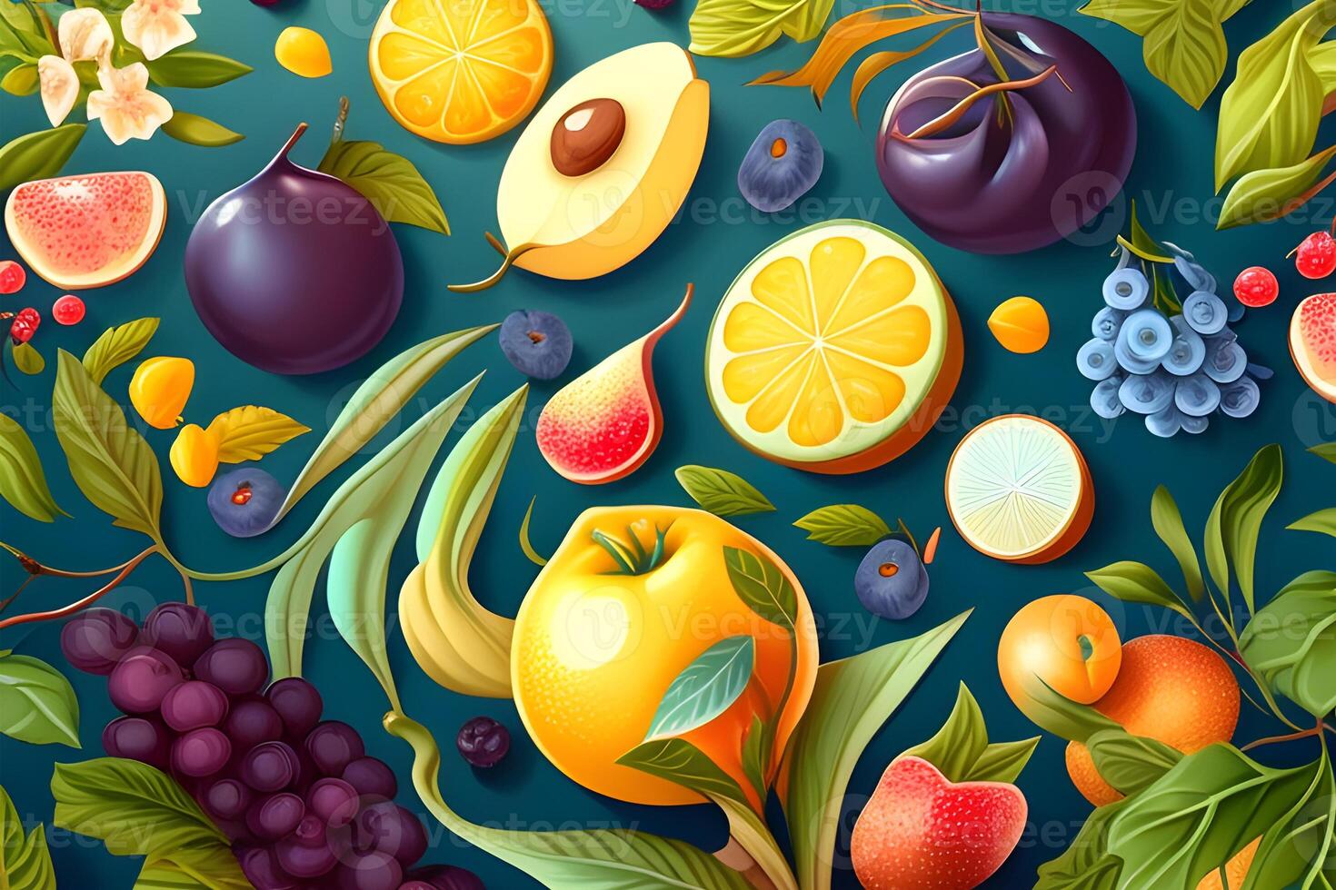 seamless pattern background of colorful fruits and leaves. Illustration design by . photo