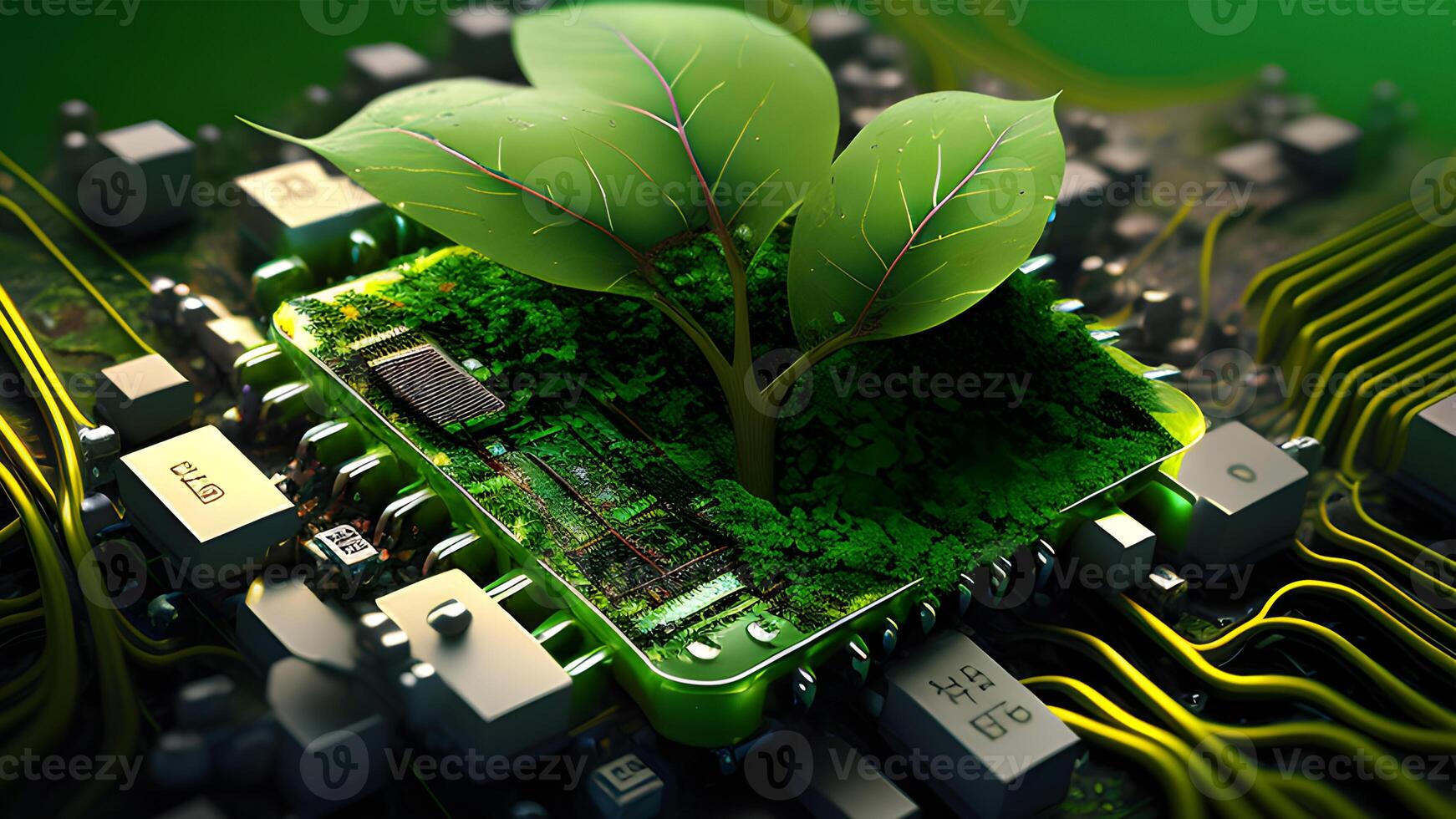 a cute tiny green sprout growing from an electronic circuit board. . photo