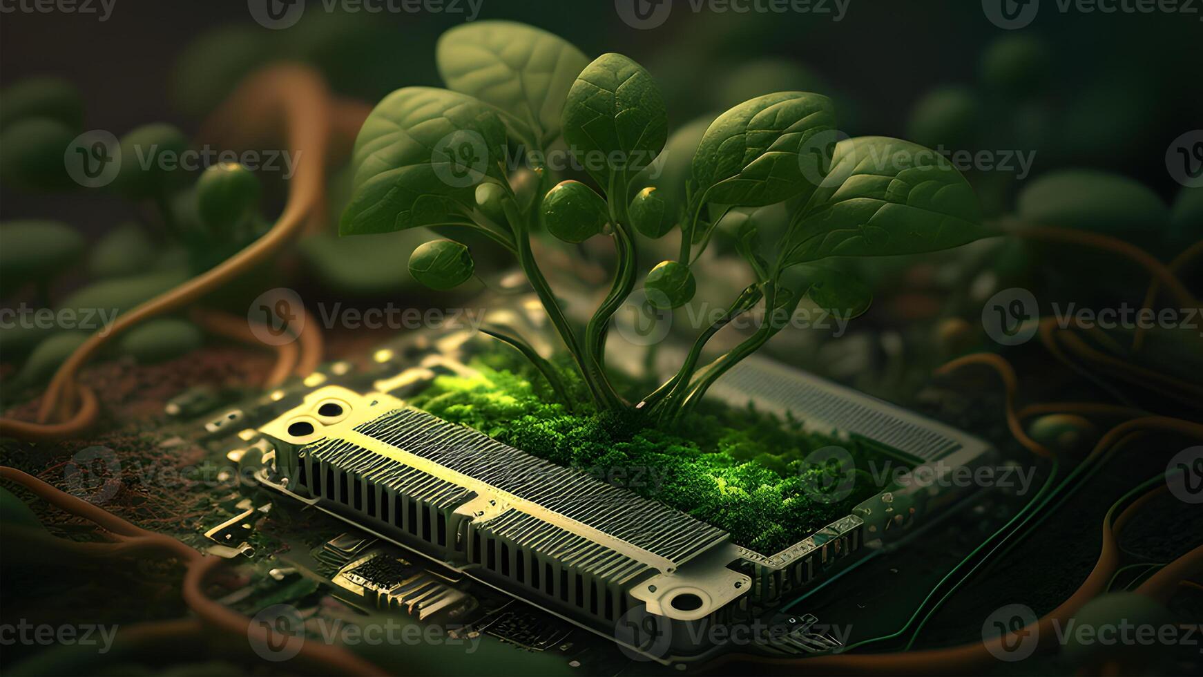 a cute tiny green sprout growing from an electronic circuit board. . photo