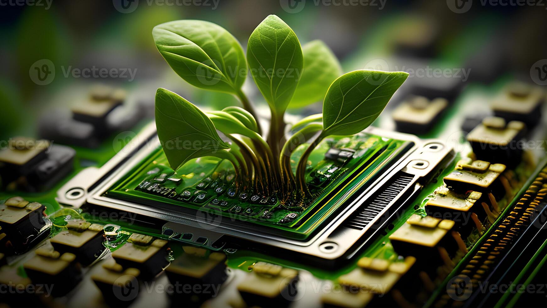 a cute tiny green sprout growing from an electronic circuit board. . photo