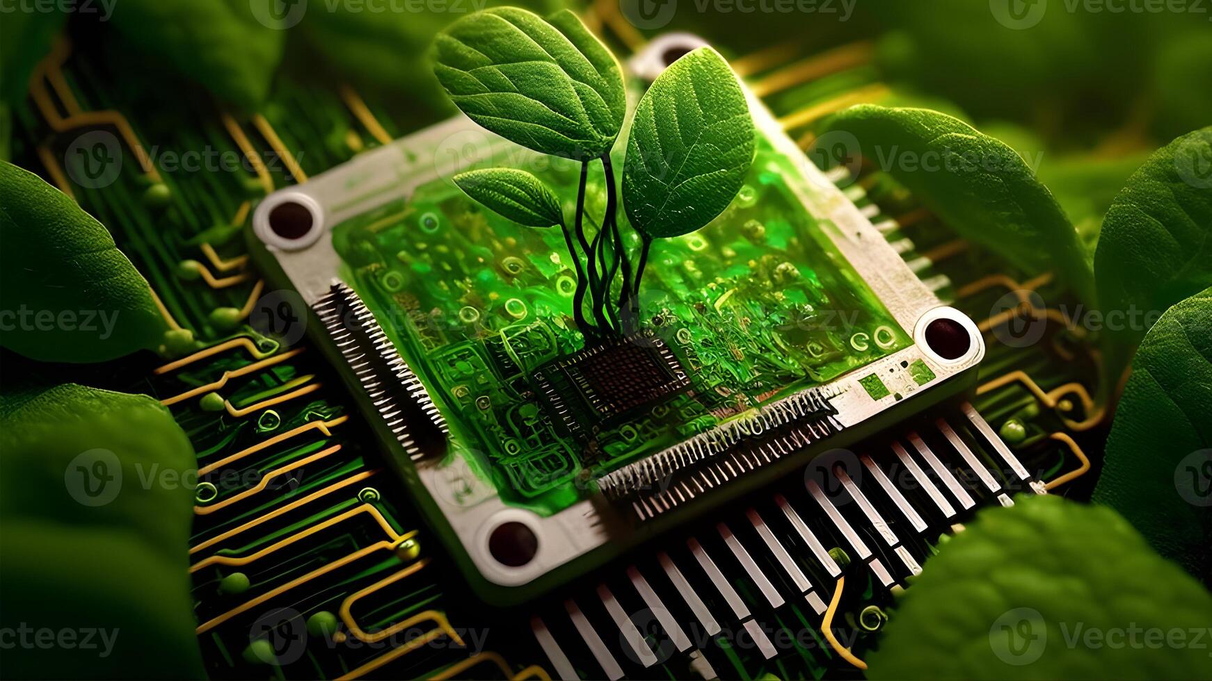 a cute tiny green sprout growing from an electronic circuit board. . photo