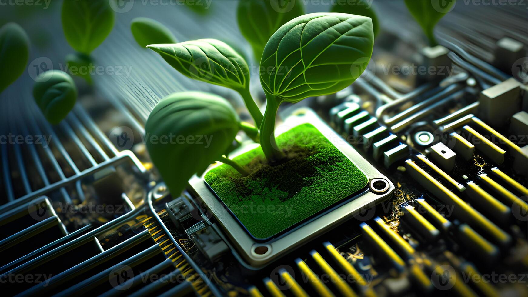 a cute tiny green sprout growing from an electronic circuit board. . photo