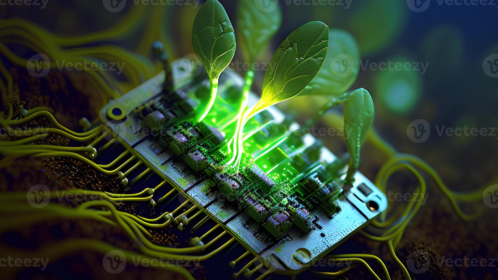 a cute tiny green sprout growing from an electronic circuit board. . photo