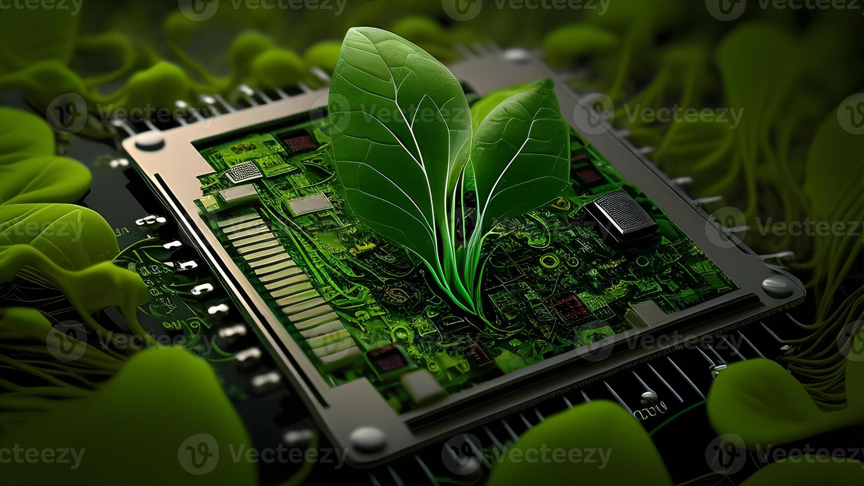 a cute tiny green sprout growing from an electronic circuit board. . photo