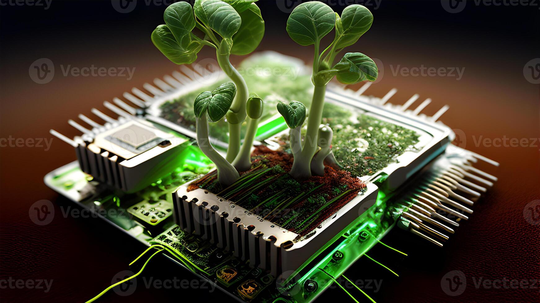 a cute tiny green sprout growing from an electronic circuit board. . photo