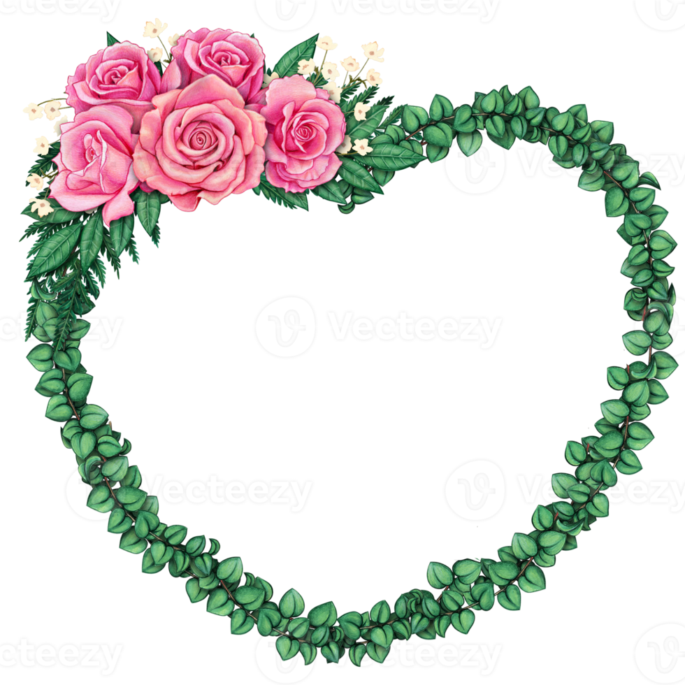 watercolor hand drawn heart shaped frame with roses png